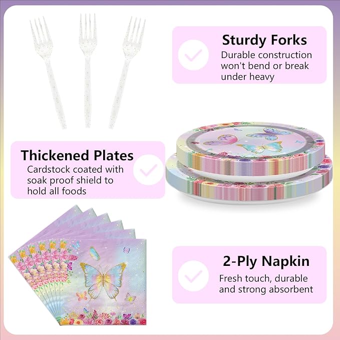96PCS Butterfly Party Decorations Flower Fairy Birthday Tableware Flower Paper Plates Butterfly Plates Napkins Dinnerware for Baby Shower Party Supplies, Serves 24