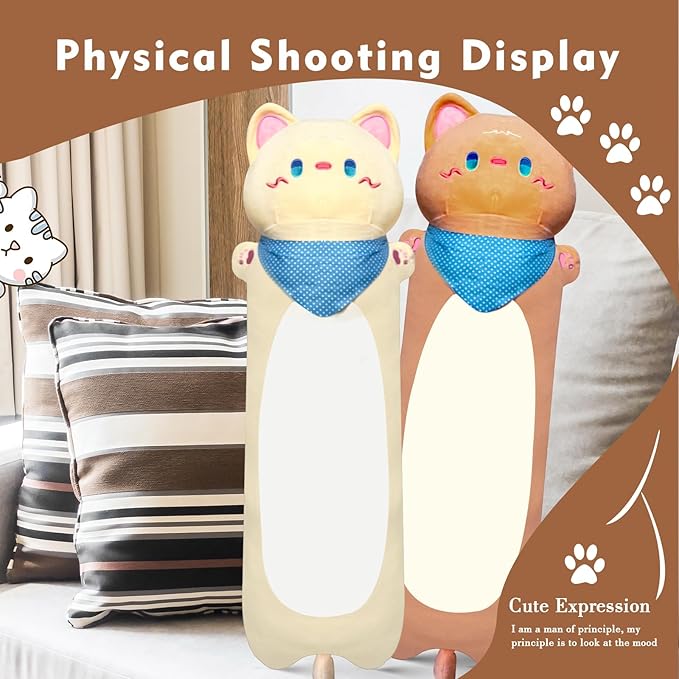 Long Cat Plush Pillow, 39.4inches Cute White Cat Plushie Stuffed Animals Body Pillow, Kawaii Kitten Soft Plushie Doll Toy Birthday Gift for Kids Girlfriend
