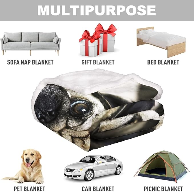 Pug Sherpa Blanket, Dog Print Fleece Throw Blankets for Couch Sofa Bed, Super Soft Warm and Lightweight, 50" x 60"
