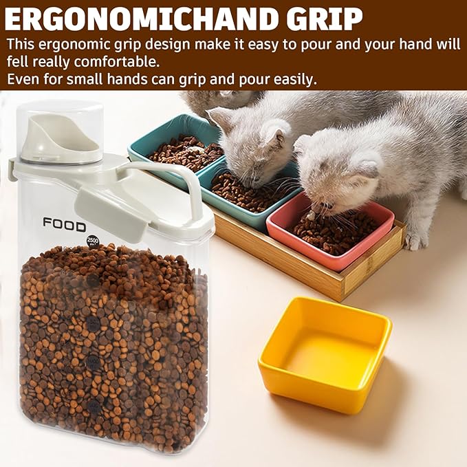 Dog Food Storage Container 3-4lbs, Pet Food Container with Airtight Pour Spout, Cat Food Storage Container with Measuring Cups, Portable Pet Food Container for Dogs, Cats, Birds（White）