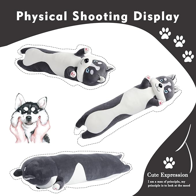 Long Husky Plush Pillow, 35.4in Cute Dog Plushie Stuffed Animals Body Pillow, Kawaii Husky Soft Plushie Doll Toy Birthday Gift for Kids Girlfriend