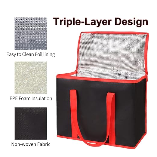 Bodaon 2-Pack Insulated Reusable Grocery Shopping Bags, X-Large Picnic Cooler Bag with Zipper Zippered Top Cold, Black with Red Edge