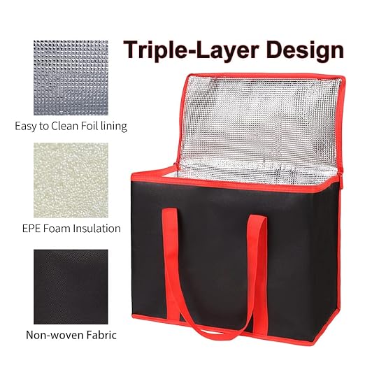 Bodaon 1-Pack Insulated Reusable Grocery Shopping Bags, X-Large Picnic Cooler Bag with Zipper Zippered Top Cold, Insulated Food/Pizza Delivery Bag (Black-Red Edge)