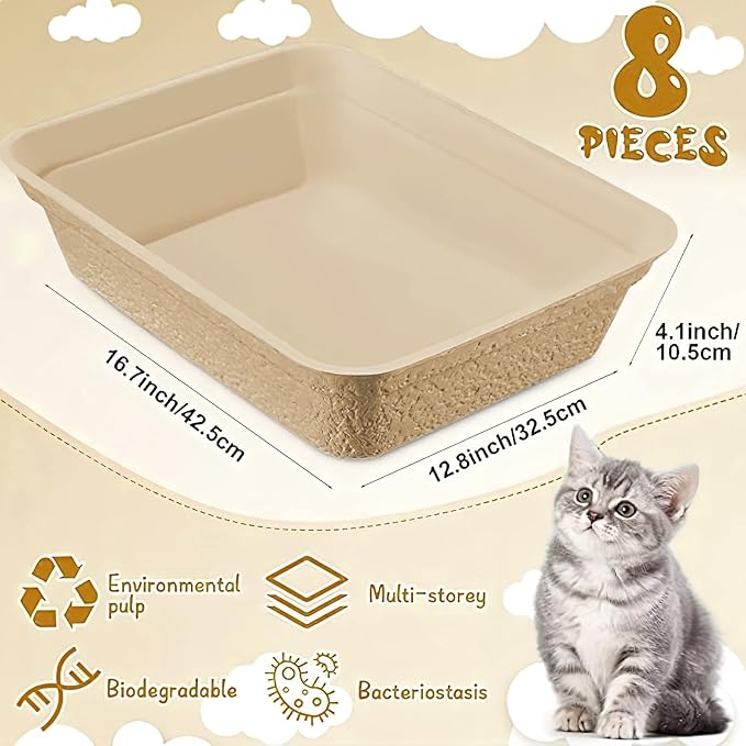 8 Pack Disposable Cat Litter Boxes Large, Portable Paper Cat Litter Tray, Recycled Cat Travel Litter Box for Cats, Rabbit, Hamster(16.7 x 12.7 x 4 Inch)