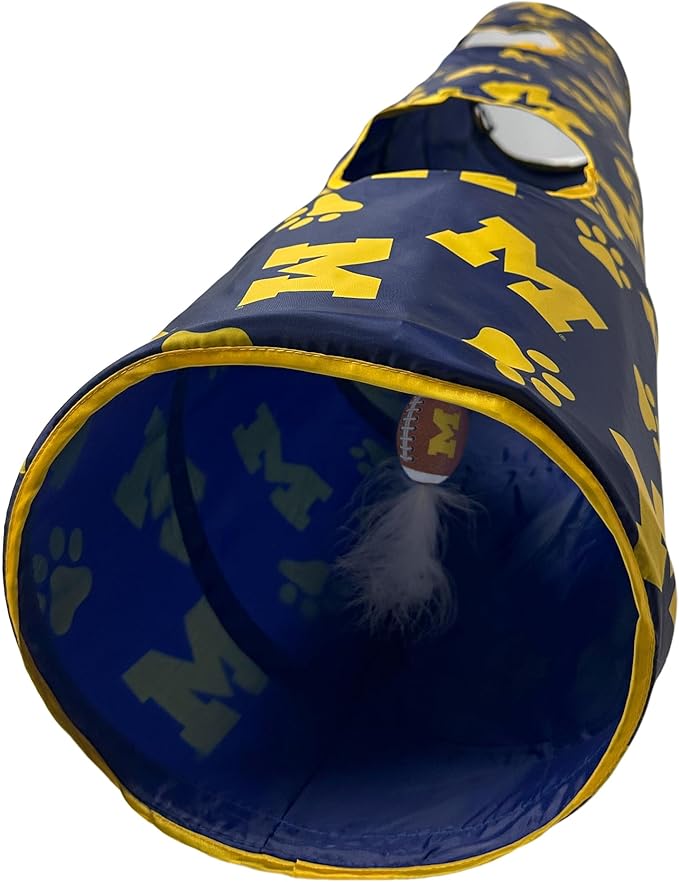 NCAA Michigan Wolverines Cat Tunnel Tube Toy with Plush Football Catnip and Feathers