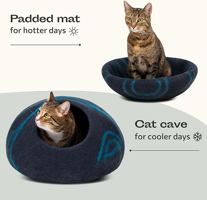 MEOWFIA Cat Cave – Premium Felt Cat Bed for Indoor Cats, Handmade 100% Merino Wool (Dark Shades) (Medium, Black Aqua)