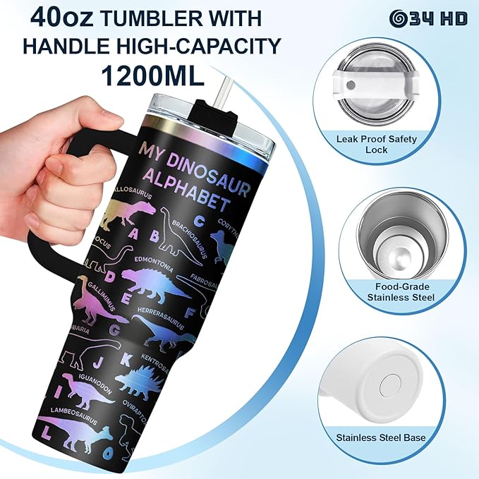 34HD 40oz Glitter Dinosaur Tumbler with Handle and Straw, 40oz Vacuum Insulated Dinosaur Alphabet Coffee Mug, Animal Lover Gifts for Kids Boys Girls Women Mothers Day