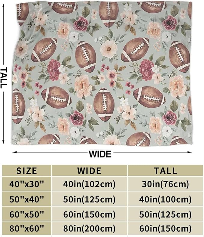 Football Blanket Football Flower Throw Blanket Football Decor Stuff Merch Cozy Print Flannel Fleece Soft Plush Fuzzy Warm Lightweight Bedding Gifts for Women Men Girls Kids Teenager 50"X40"