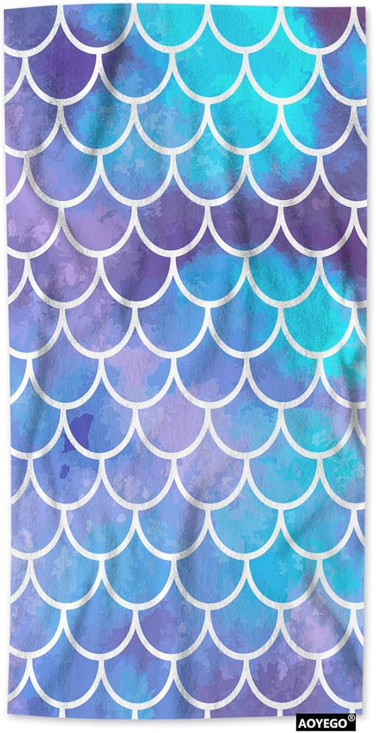 AOYEGO Aqua Blue Mermaid Bath Towels Retro Ocean Sea Fish Scale Mermaid Sequin Kitchen Hand Towels Bathroom Decor Soft Beach Microfiber Hair Towels 15x30 Inch
