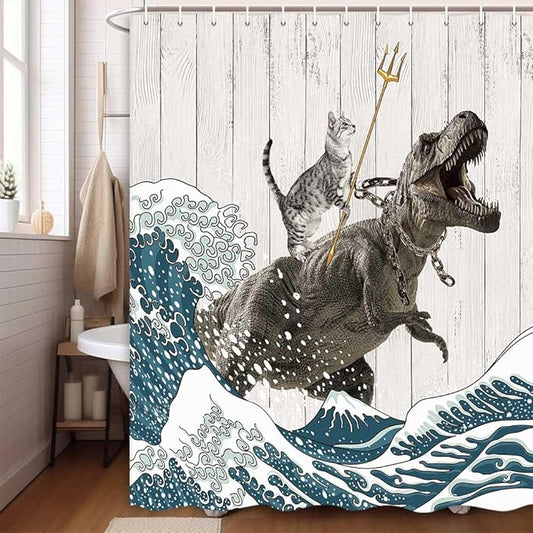 Boziqr Funny Cat Shower Curtain, Cool Cat Dinosaur Japanese Ocean Wave Decor Fabric Bathroom Curtains, Kids Children Rustic Wooden Farmhouse Long Shower Curtain, 70 X 84 Inches