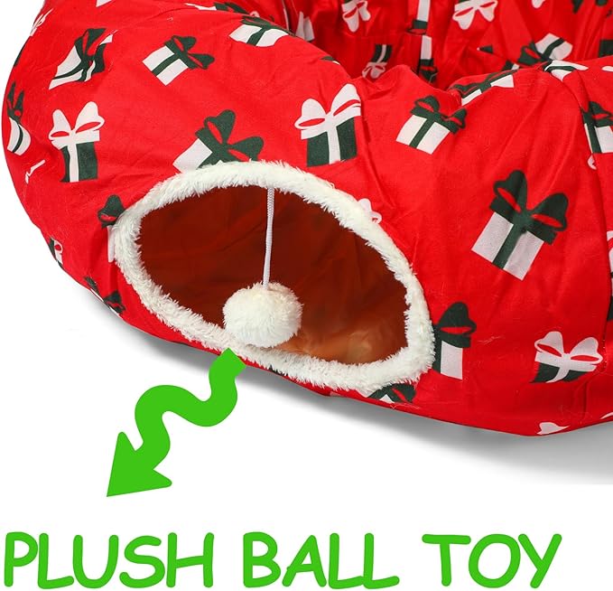 LUCKITTY Cat Tunnel Bed Under Christmas Tree 3FT x 3FT x 9.8IN - Decorative Christmas Style with Box Patterns - Red Color Perfect for Festive Felines Small Animals
