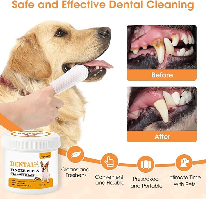 Teeth Cleaning Finger Wipes for Dogs & Cats, Reduces Plaque & Tartar, Freshens Breath, Pre-Soaked Pet Teeth Wipes, Easy to Use Disposable Dental Cleaning Pads, 100 Count, Chicken Flavor