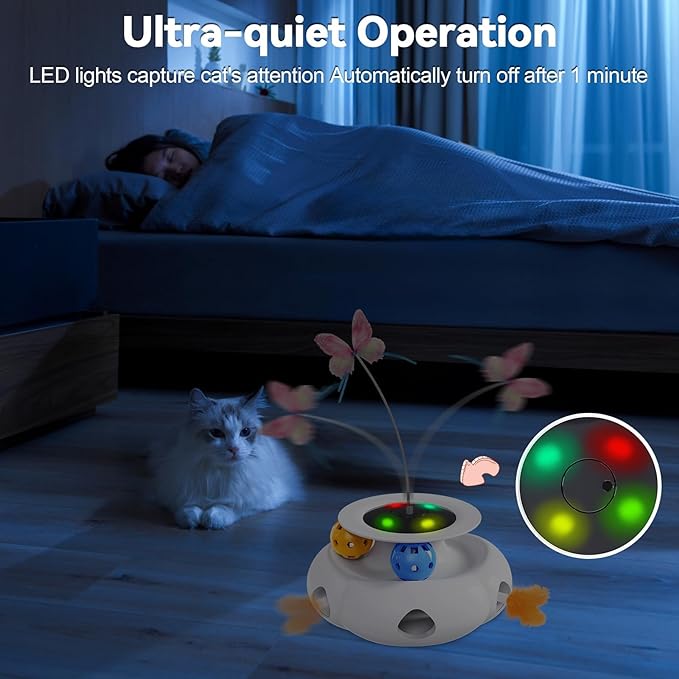 Cat Toys Automatic 3in1 Rechargeable Ambush Feather, Spinning Butterfly, Track Balls, Touch Activated Kitten Toys Interactive Cat Toy for Indoor Cats