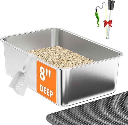 1 PCS Stainless Steel Cat Litter Box - [All-in-1 Starter Set] [Odorless] Large Metal Cat Litter Box, High Sided Litter Pan Tray for Cat&Rabbit Non-Sticky Anti-Leakage Easy Clean Rust Proof