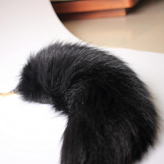 Fosrion Real Fox Tail Fur Cat Bites Hunting Playing Catching Toy (Black, Only Tail)