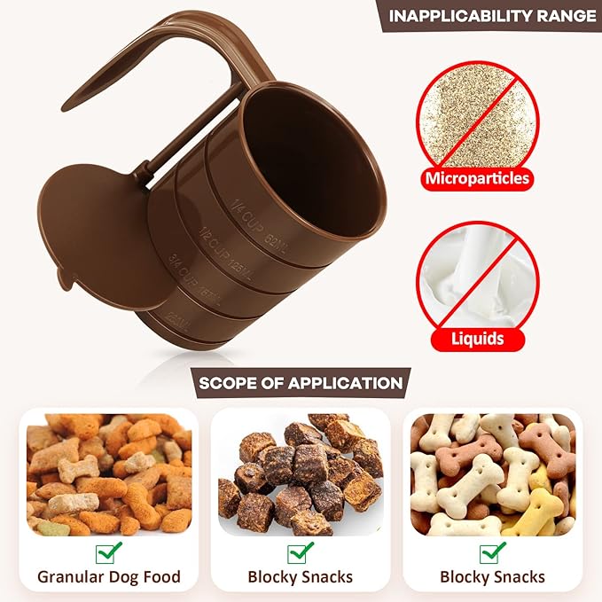 Pet Food Scoop, Dog Food Cups, Plastic Food Scoop with Measuring Lines, (Includes 1 C, 3/4 C, 1/2 C, 1/4 C), Pet Food Measuring Cups for Dog, Cat or Bird Food, Injection Molded and Dishwasher Safe