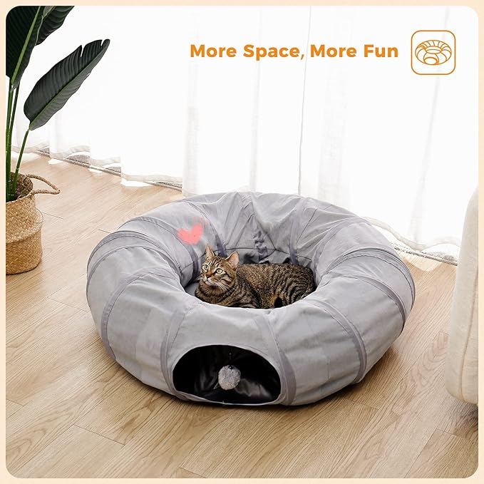 PAWZ Road Cat Tunnel Bed Large Cat Donut Tunnel for Indoor Cats Collapsible Cat Tube with Central Mat, Peek Hole and Cat Toy Hanging Balls for Indoor Cats