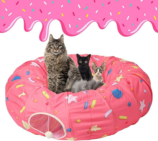 LUCKITTY Large Cat Donut Tunnel, Big Cat Tunnel Bed,Fluffy Toy Balls, Small Cushion and Flexible Design- 12 inch Diameter, Great for Cats, and Small Dogs,Pink