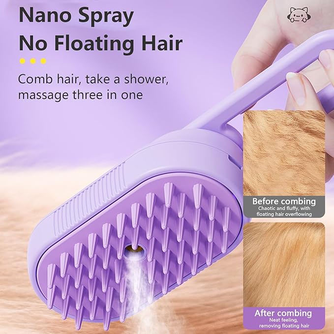 2 Pcs Cat Steam Brush,3 In 1 Spray Pet Grooming Brush,Water Brush for Cats Dogs,Upgraded Steamy Silicone Massage Grooming Brush,Pet Spray Hair Removal Comb,Anti-Static Steam Dog Brush(Purple & White)