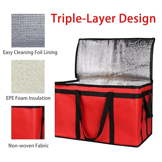 Bodaon Insulated Food Delivery Bag for Pizza Delivery, Grocery- Cooler Bag, Food Warmers for Parties, Catering Supplies for Doordash, Thermal Bags for Cold and Hot Food Carrier (Red, XXX-Large, 1-Pack