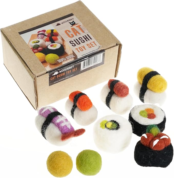 Woolbuddy Cat Toy - Cat Sushi Toy, 8pcs, Wool Cat Toy for Boredom & Stimulating, Cute Interactive Cat Toys for Indoor Cats, Self Play Cat Kitten Toys, Cat Chew Toy, Cat Enrichment Without Catnip