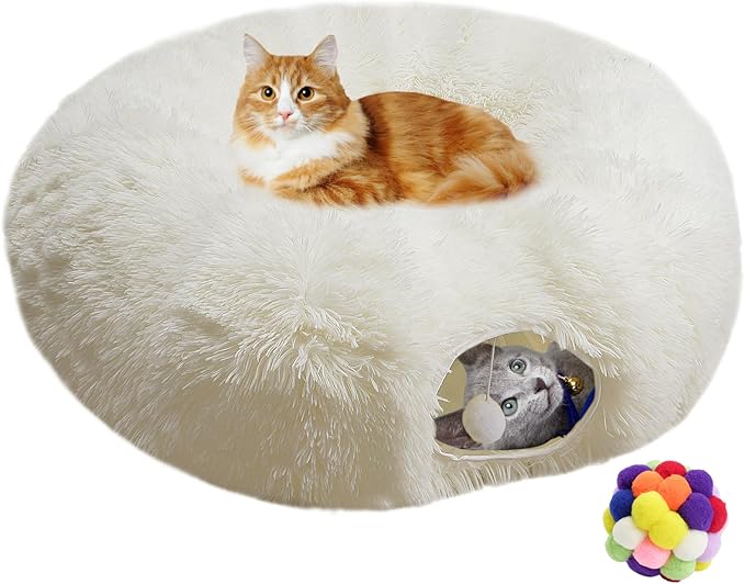 White Fluffy Warm Plush Cat Tunnel Bed, Soft Collapsible Multi-Combinations Cat Tube Playgound Toys, Cat Donut Tunnel for Indoor Cat Kitty Kitten Puppy Rabbit Ferret