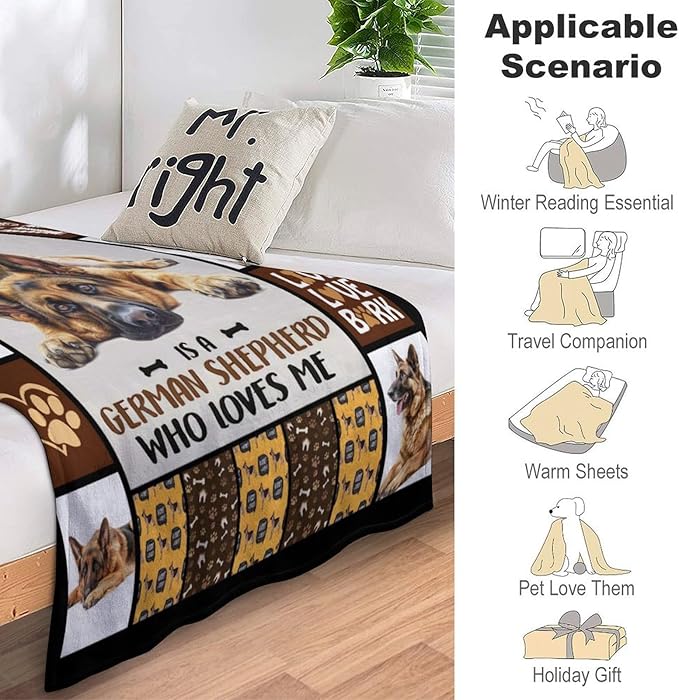 German Shepherd Dog Print Blanket Best Dog Pet Animal Throw Blankets for Couch Sofa Stuff Decor Gifts Lightweight Soft Cozy Fleece Plush Warm Flannel Bedding for Lover Man Woman Teen Adults 50"x60"