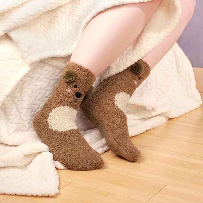 BambooMN Super Soft Warm Cute Furry Animal Non-Slip Fuzzy Cozy Fluffly Crew Winter Home Socks, Value Pack