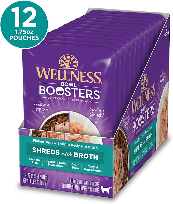 Wellness Bowl Boosters Grain Free Wet Cat Food Topper, Flaked Tuna & Shrimp Recipe in Broth, 1.75 Ounce Pouches (Pack of 12)