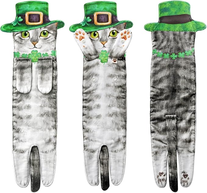 St Patrick Day Cat Hand Dish Towels- Shamrock Garland St Patricks Day Decorations Decor for Home Kitchen Bathroom-Mothers Day Housewarming Birthday Gifts for Women Cat Lovers