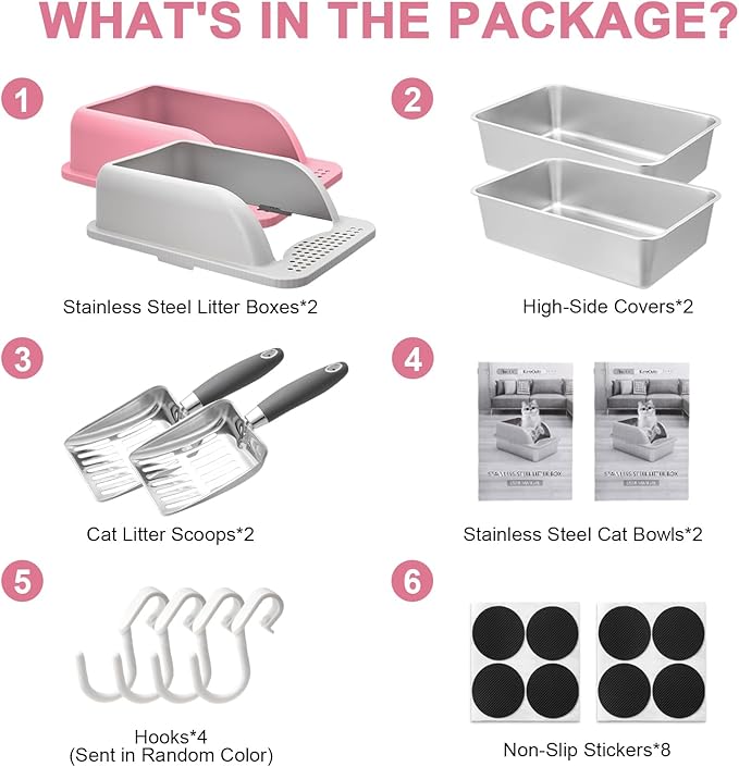 2 Pack XL Stainless Steel Litter Box Enclosure, Stainless Steel Cat Litter Pan for Big Cats, Large Metal Litter Box with Anti-Leakage High Wall, Non-Sticky Easy Cleaning Cat Litter Tray