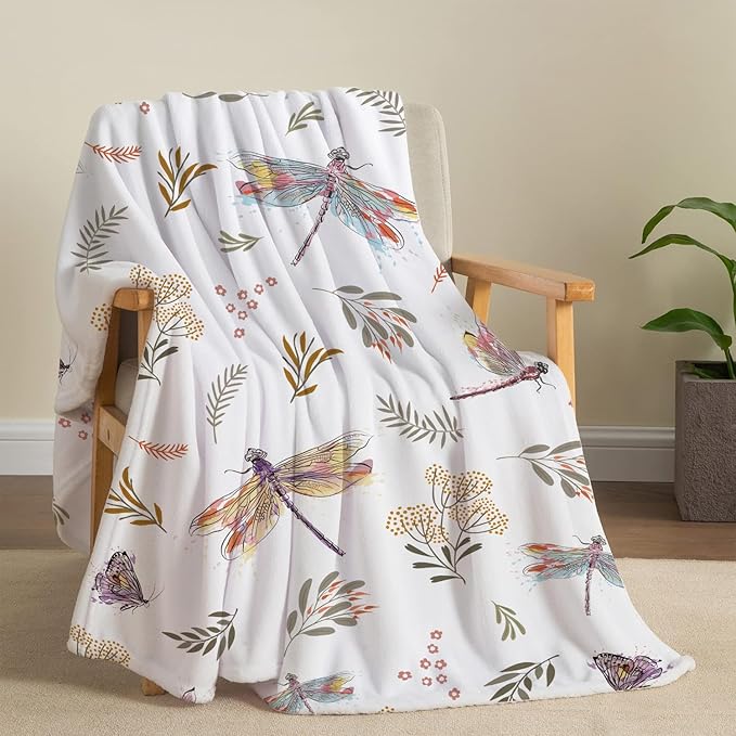 Dragonfly Throw Blanket Floral Flower Throw Blanket Botanical Plant Flannel Fleece Throw Blankets Butterfly Cozy Fuzzy Plush Throw Blankets for Bed Chair Couch 50" X 60"