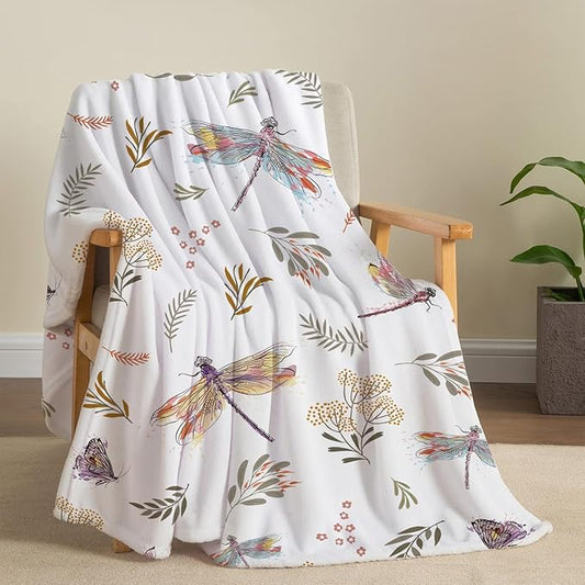 Dragonfly Throw Blanket Floral Flower Throw Blanket Botanical Plant Flannel Fleece Throw Blankets Butterfly Cozy Fuzzy Plush Throw Blankets for Bed Chair Couch 50" X 60"