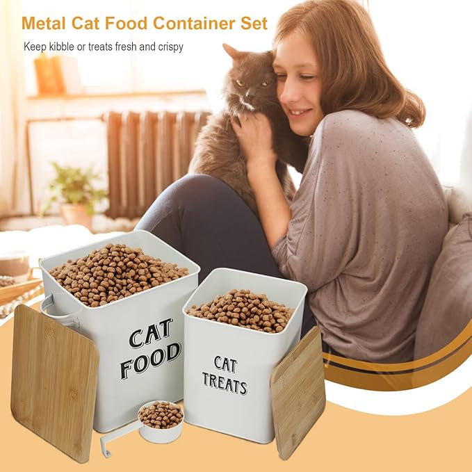 Cat Food and Treats Containers Set with Scoop for Cats or Dogs -Tight Fitting Wood Lids - Coated Carbon Steel - Storage Canister Tins-Cat-White