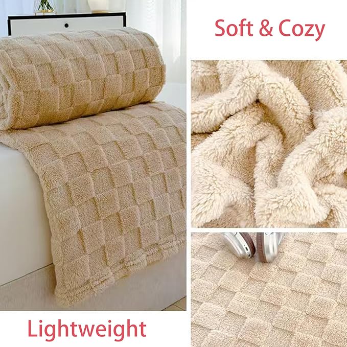 Fleece Throw 3D Checkered Jacquard Blanket, Cozy Soft Warmer Comfort Lightweight for All Season, Fuzzy Aesthetic Room Decor for Couch Sofa Bed, Gifts for Christmas, Birthdays, Khaki