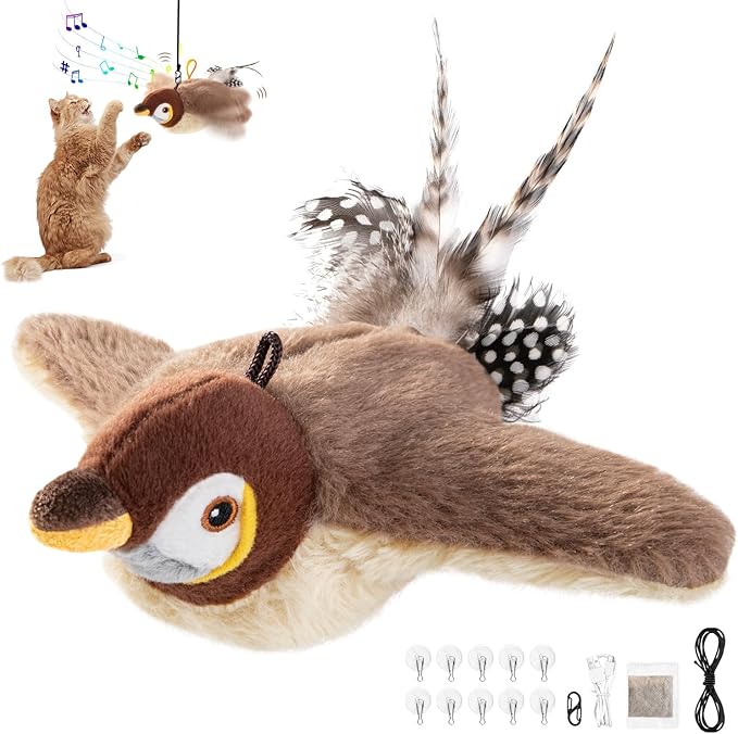 Lukovee Interactive Cat Toys Rechargeable - Touch Activated Flapping Sparrow Catnip Toys with Lifelike Chirping, Plus Bird Toy with Rope and Hooks for Indoor Kitten Kitty Exercise (Khaki)