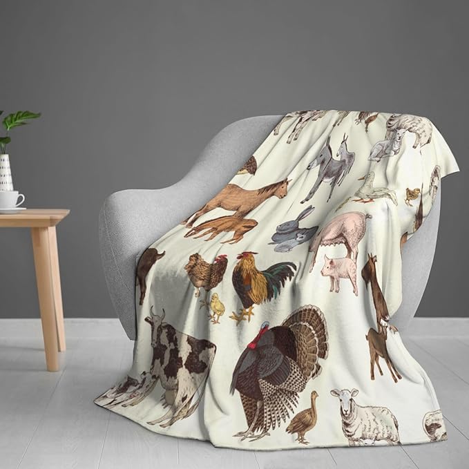 Farm Animal Blanket Throw 80"x60", Cozy Lightweight Plush Cow Chicken Pig Sheep Horse Rabbit Farm Animals Blanket, Gifts for Kids Adults