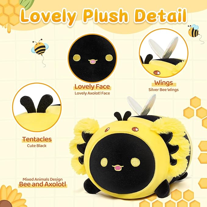 Cute Black Axolotl Bee Plush, Kawaii Plushies Honeybee Stuffed Toy, Axolotl Plushie with Bee Outfit Costume, Animal Hugging Cuddly Pillow, Soft Squishy Gifts for Girls Kids(8 Inch)