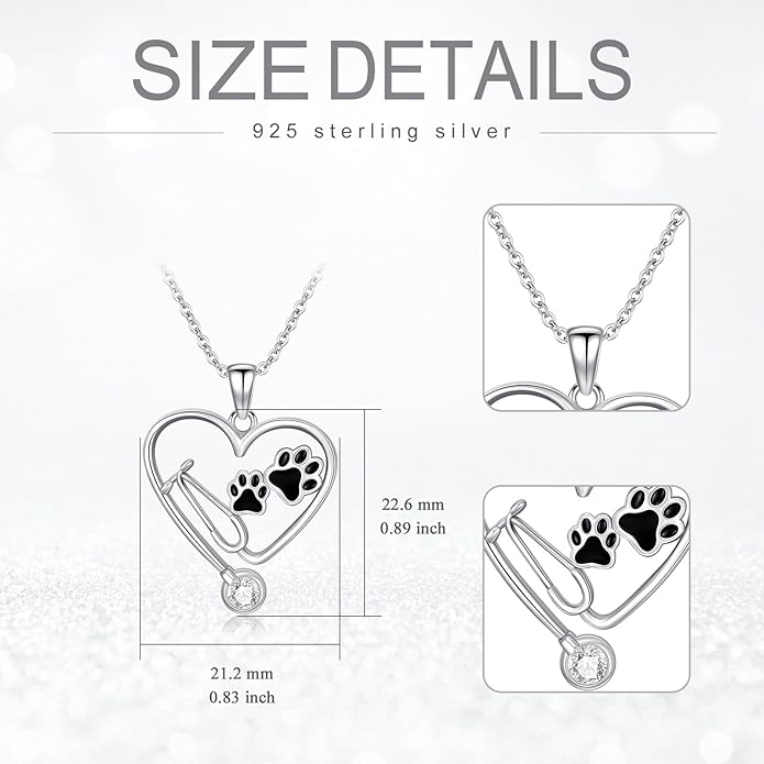 Birthstone Veterinary Stethoscope Necklace 925 Sterling Silver Nurse Vet Pendant with Dog Paw Nurse Jewelry Gifts for Veterinarian Nurse Women Veterinarian Gifts