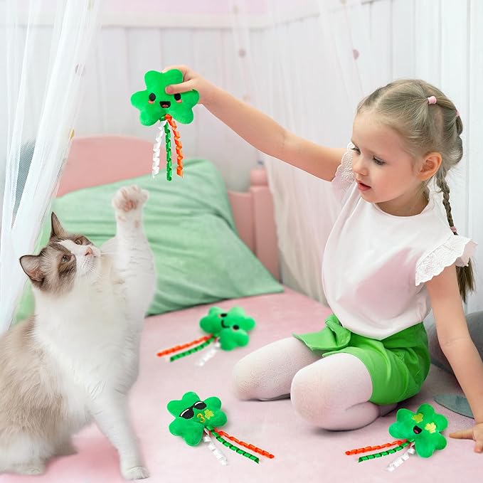 MALLMALL6 4Pcs Shamrocks Catnip Toys Gift for Cat, Indoor Cat Bite Kick Plush Catmint Pet Toys Supplies for Kitten Lover Gifts, Cute Teething Chew Relief Interactive Toy