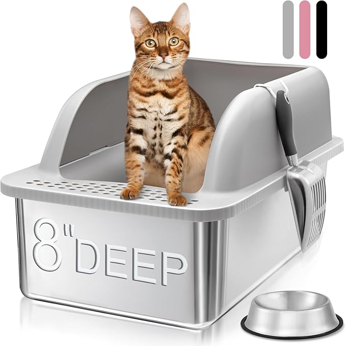 14" High Stainless Steel Cat Litter Box with Lid, Metal Litter Box for Big Cats, Stainless Steel Cat Litter Box for High Peeing Cat, XL Litter Box Easy to Clean, Non-Sticky, with Scoop