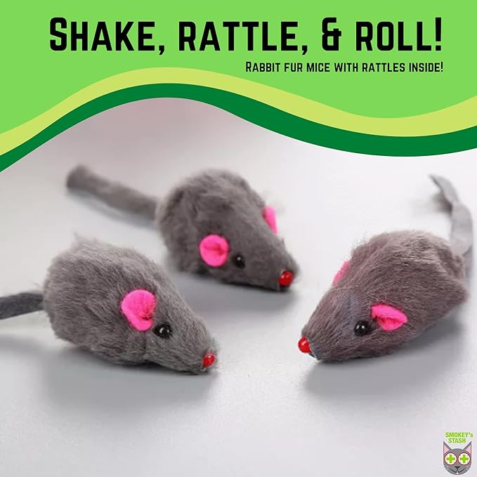Smokey's Stash Rabbit Fur Mouse Cat Toy 24 per Pack White and Gray Fuzzy Toys for Cats with Rattle Realistic Fake mice (24)