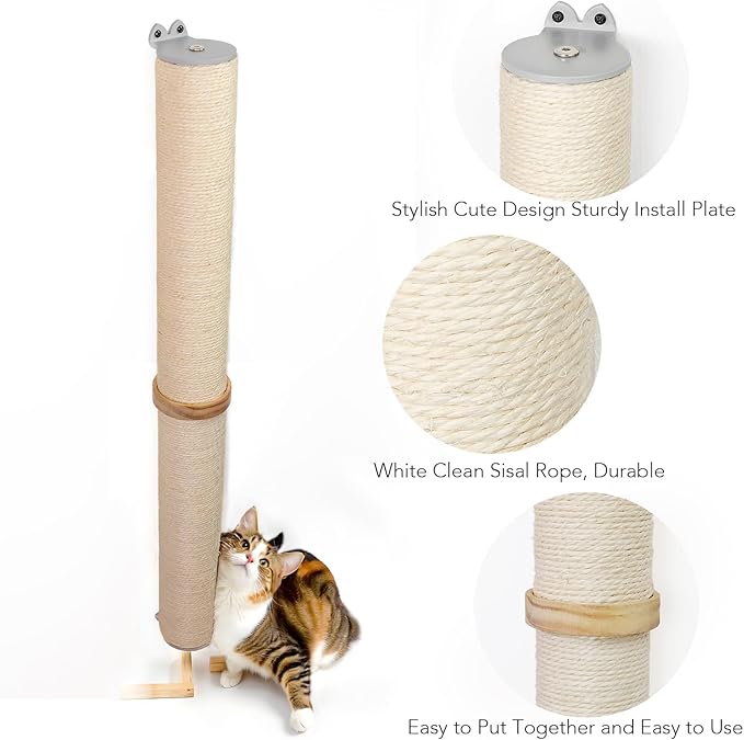 Tall Sisal Rope Cat Scratching Post, Wall Mount 2 Ties Cat Pole - Vertical Cat Wall Scratcher, Cat Wall Furniture