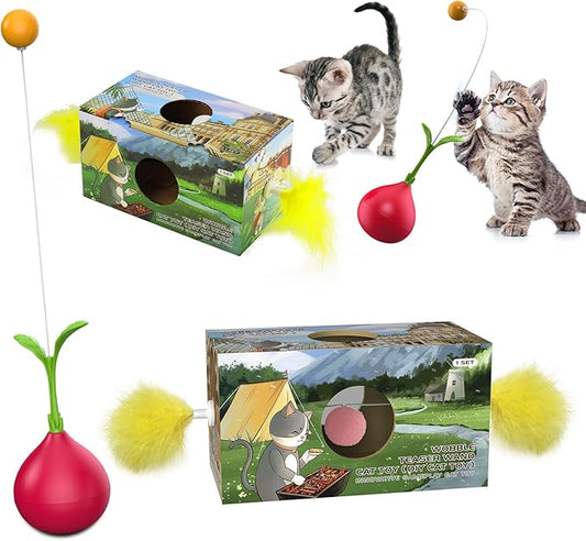 Abnaok 2-in-1 Cat Toy, Cat Interactive Toys for Indoor Cats Kitten Tumbler Balls Kitty Feather Toy, Cat-Digging Hole Toy Suitable as a Birthday Gift