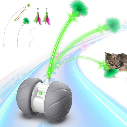 Interactive Cat Toys for Indoor Cats, Motion Activated Cat Toys, Automatic Cat Toy with Extra Long Feather Wand, Cat Mouse Toys,USB Rechargeable (Gray)