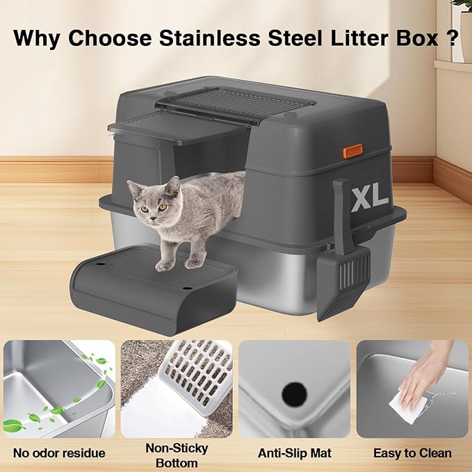 3-in-1 Stainless Steel Cat Litter Box with Removable Lid-Enclosed XL Extra Large High-Sided Metal Box for Small & Big Cats with Scoop-Easy to Clean, Odor Control, Non-Sticky,Anti-Leakage (Dark Grey)