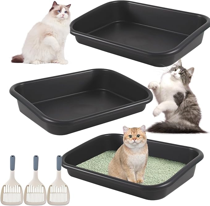 3 Pcs Low Entry Senior Cat Litter Box with Scoop, Extra Large Pet Litter Box Low Entry Open Top Cat Litter Box for Kitten Frail Handicap Disabled Older Elderly Cats