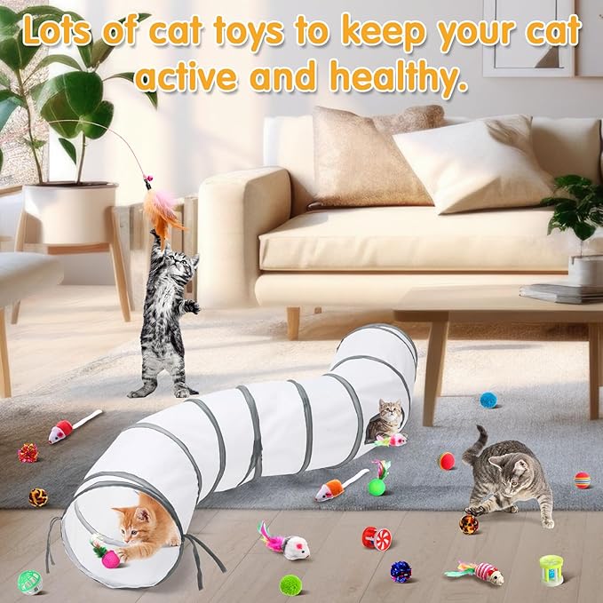 Poen 22pcs Cat Toys Kitten Toys Set with 2 Collapsible Cat Tunnel Toy and 20 Interactive Kitty Toys Cat Feather Toy, Fluffy Mouse, Crinkle Balls, for Cat Kitten Puppy (White)