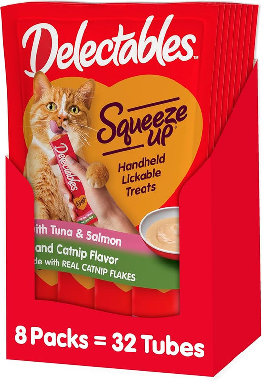 Delectables Squeeze Up Creamy Squeezable Puree, Lickable Wet Cat Treats, Grain Free, No Added Fillers, No By-Products, No Added Preservatives, 0.5 Ounces Tube Tuna & Salmon with Catnip, 32 Tubes Total