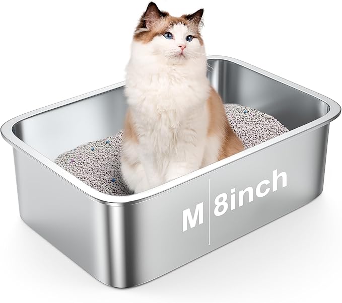 8" Deep Litter Box Stainless Steel Cat Litter Box Metal Litter Box Easy to Clean,Non-Stick Kitty Litter Box,Suitable for Indoor and Outdoor Pet Cats